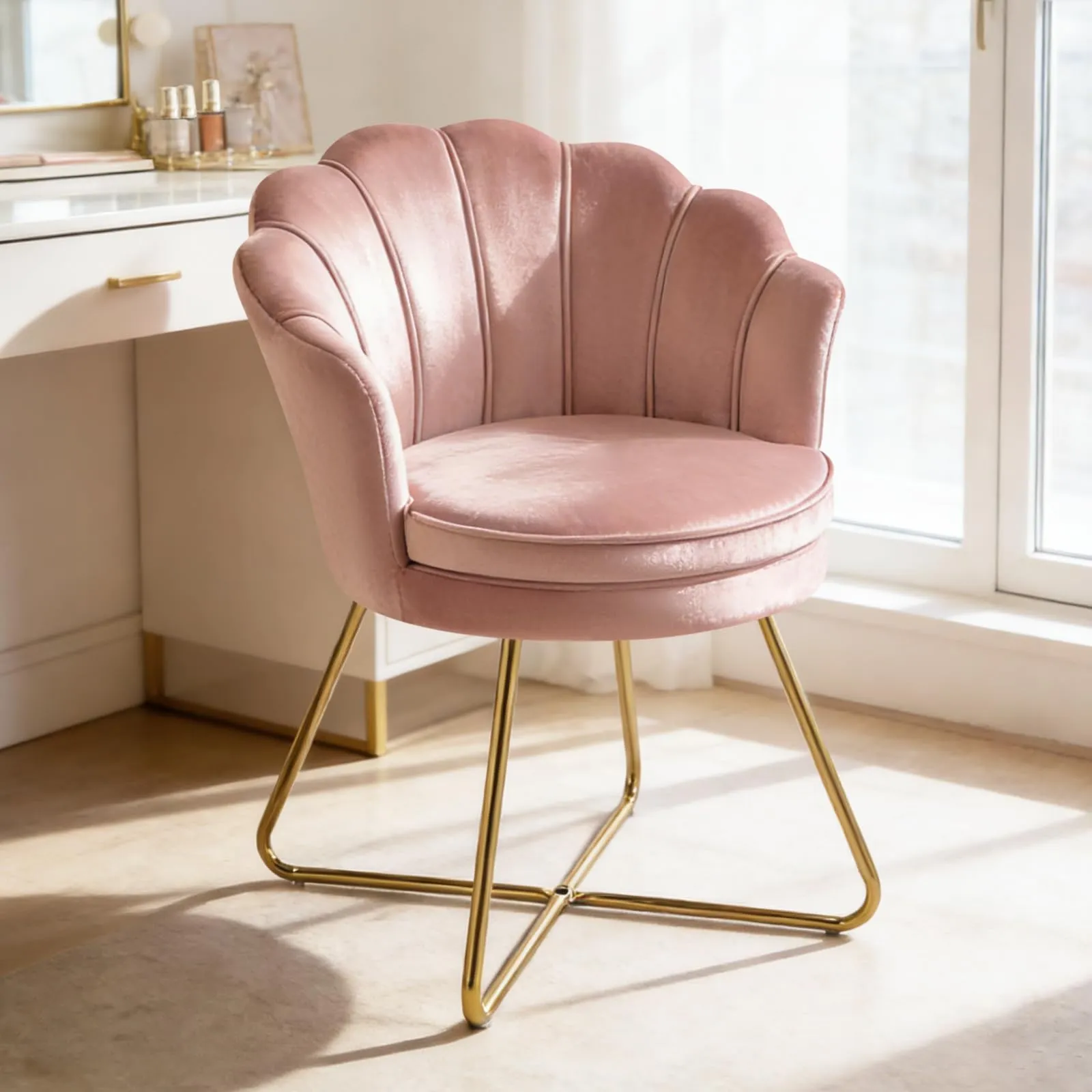 Hellove Sedia Trucco, Poltrona Conchiglia in Velluto con Placcato Oro Metallo Gambe, Moderno Poltrona Salotto con Seduta Morbida Imbottita per Camera da letto/Soggiorno/Vanità, Rosa Corallo - immagine 7