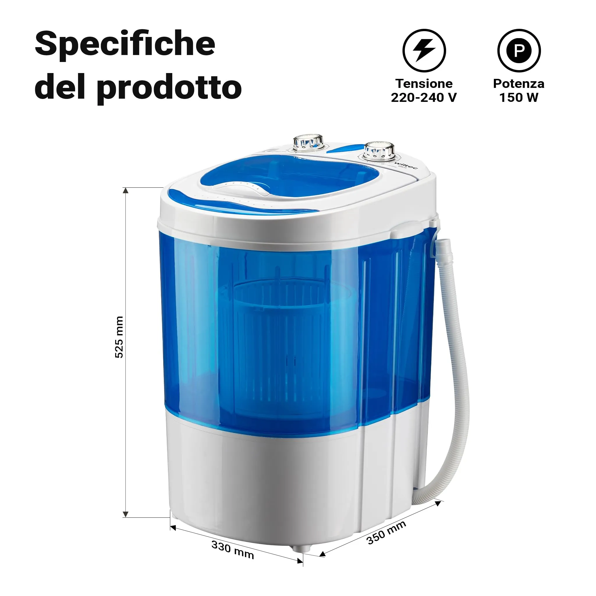 Wiltec Lavatrice da campeggio fino a 3,0 kg 150 W, mini lavatrice portatile 33 x 35 x 52,5 cm per lavaggio e centrifuga, ideale in viaggio, con timer - immagine 3