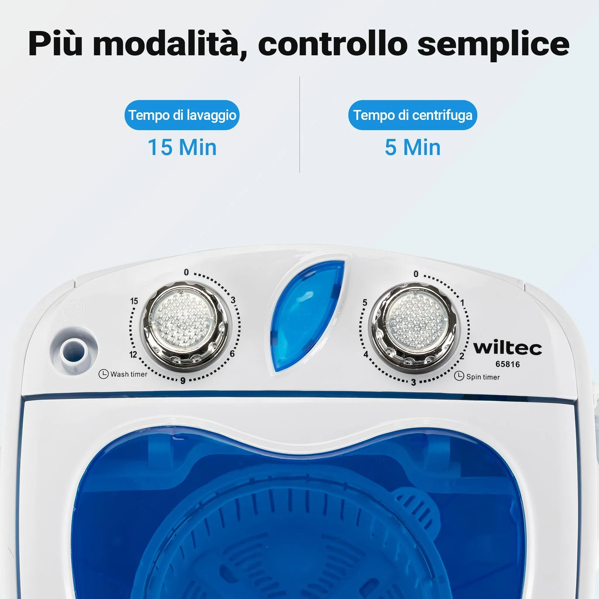 Wiltec Lavatrice da campeggio fino a 3,0 kg 150 W, mini lavatrice portatile 33 x 35 x 52,5 cm per lavaggio e centrifuga, ideale in viaggio, con timer - immagine 5