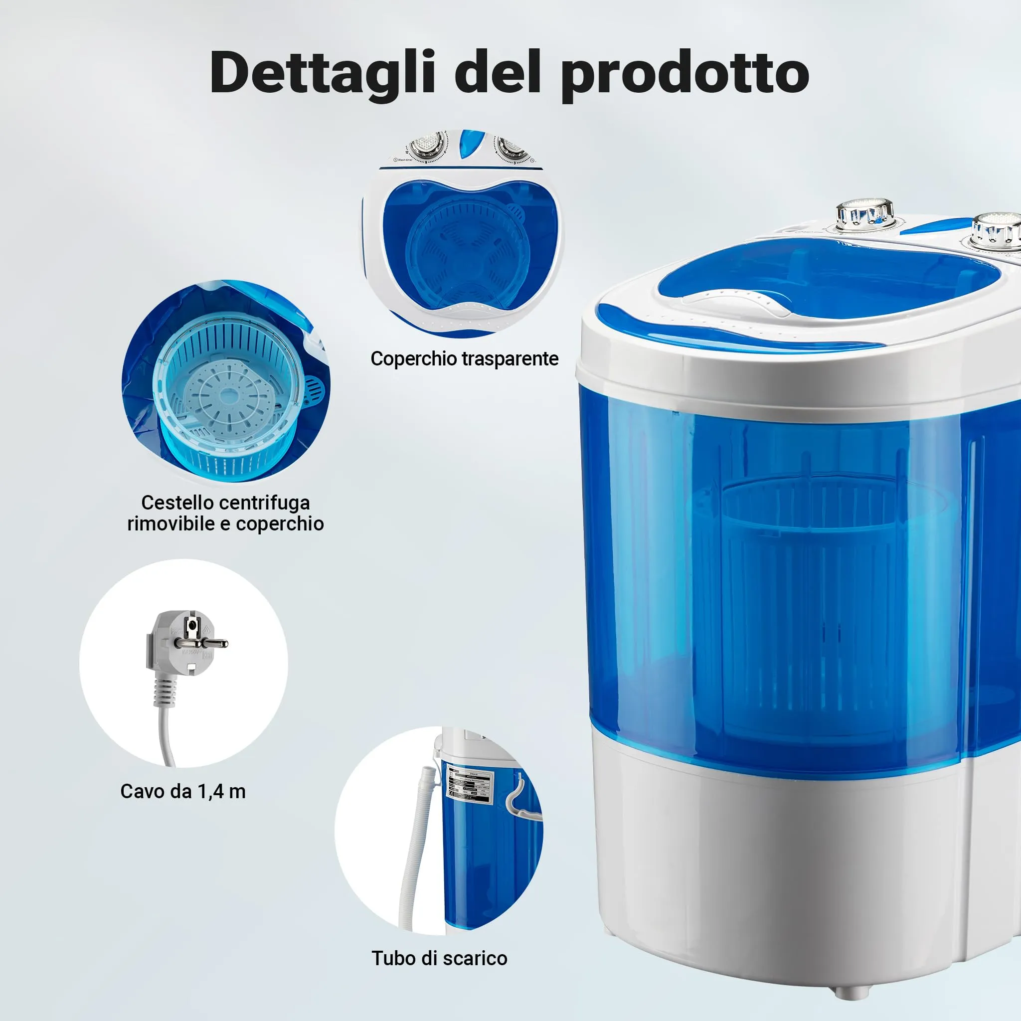 Wiltec Lavatrice da campeggio fino a 3,0 kg 150 W, mini lavatrice portatile 33 x 35 x 52,5 cm per lavaggio e centrifuga, ideale in viaggio, con timer - immagine 6