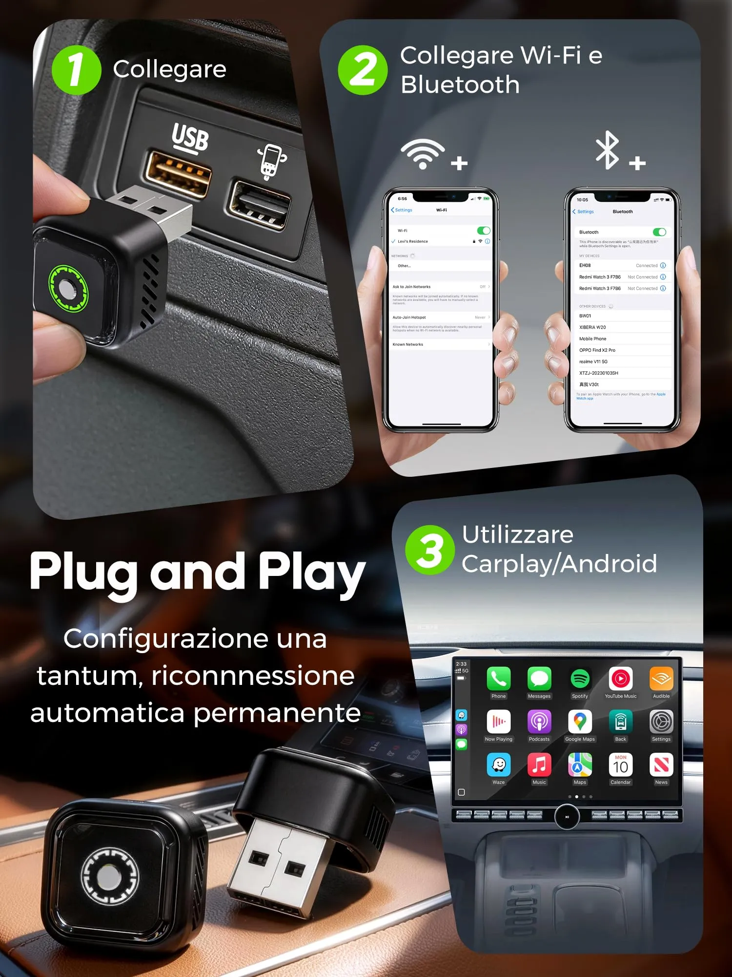 Adattatore CarPlay Wireless Android Auto: Adattatore Wireless 2-in-1 per CarPlay & Android Auto – Upgrade 2026 Adattatore USB/Type-C senza Fili Veloce Stabile Compatibile iOS 10+ Android 11+ - immagine 6
