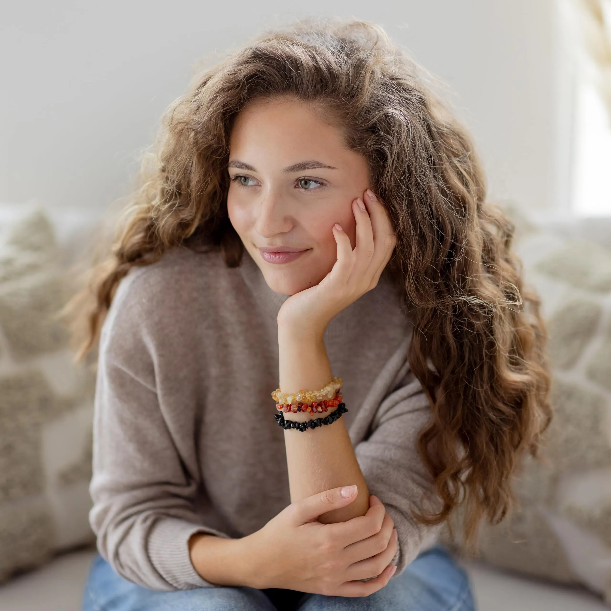 Lebensquelle Plus Bracciale popolare a schegge | Bracciale elastico artigianale a schegge | Vera pietra naturale (Diaspro rosso) - immagine 5