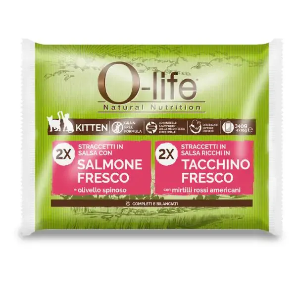 O-life Cat Kitten Grain Free Straccetti in salsa multipack 4x85 gr 2 x Salmone Fresco 2 x Tacchino Fresco - immagine 1
