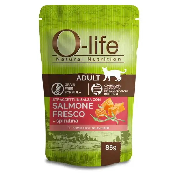 O-life Cat Adult Grain Free Straccetti in salsa 85 gr Salmone fresco e spirulina - confezione da 6 pezzi - Cibo umido per gatti - immagine 1