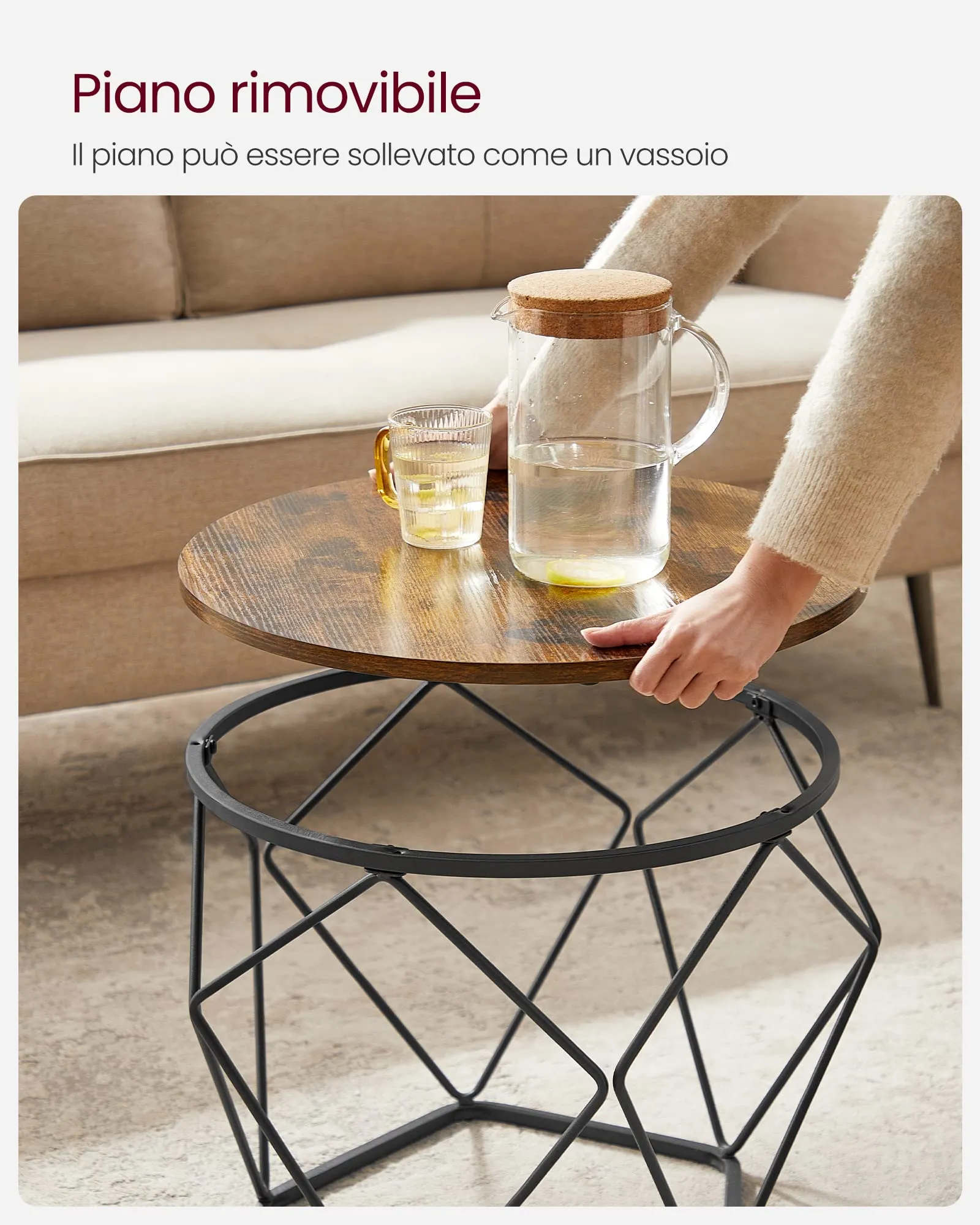 VASAGLE Set di 2 Tavolini da Caffè Rotondi ad Incastro, Piano Rimovibile - immagine 4