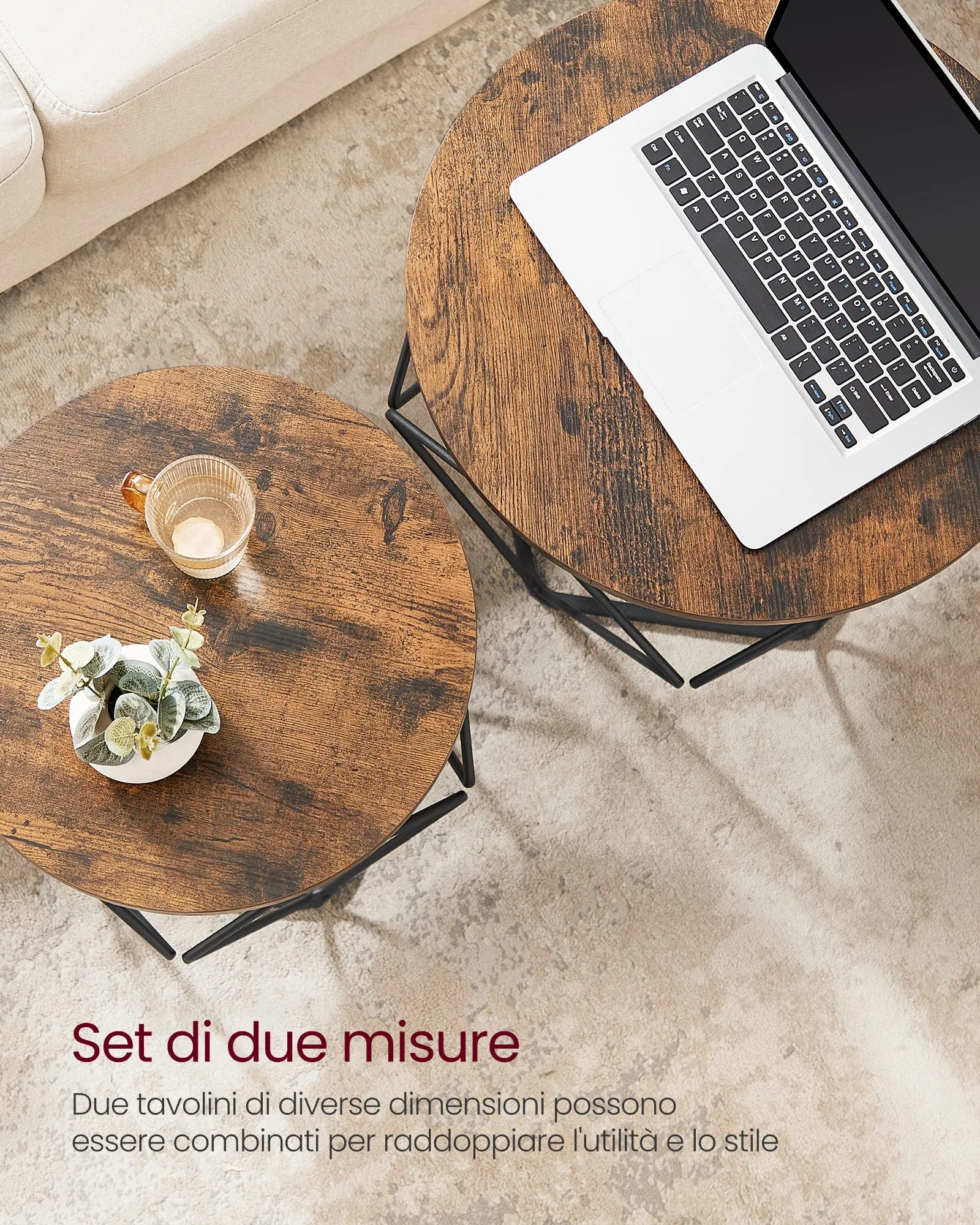 VASAGLE Set di 2 Tavolini da Caffè Rotondi ad Incastro, Piano Rimovibile - immagine 5
