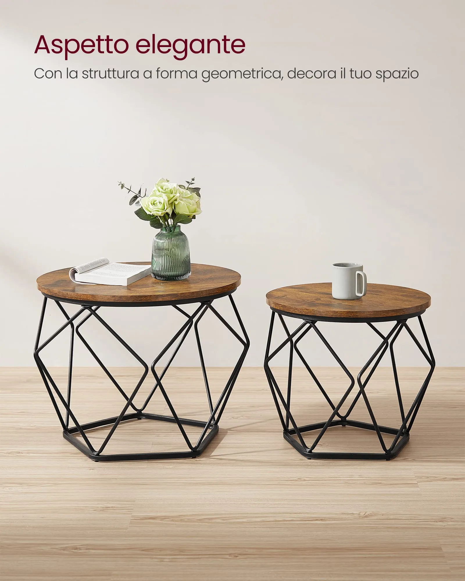 VASAGLE Set di 2 Tavolini da Caffè Rotondi ad Incastro, Piano Rimovibile - immagine 8