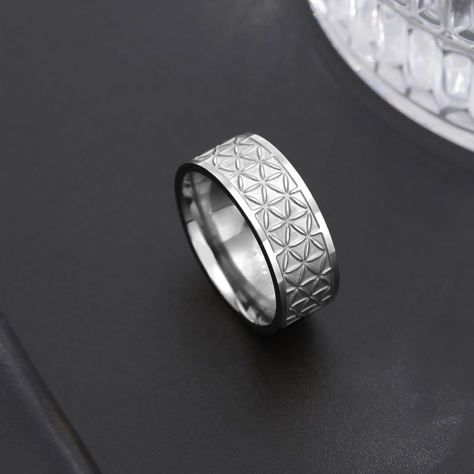 kkjoy Anello Fiore della Vita in Acciaio Inox Anello a Fascia con Sei Petali Anello Promessa Gioielli per Donne Affascinanti Signore - immagine 2