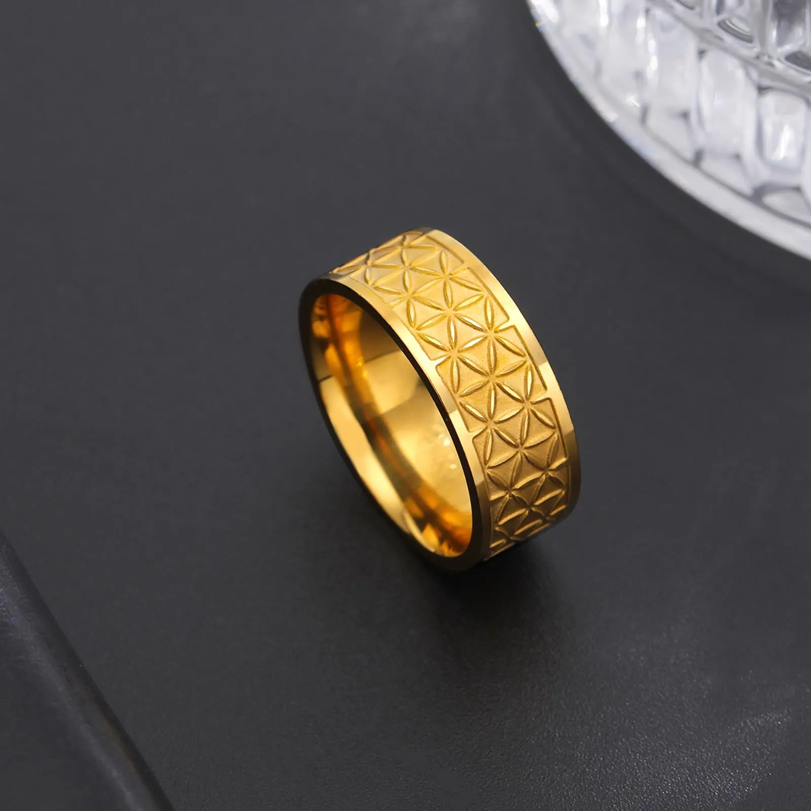 kkjoy Anello Fiore della Vita in Acciaio Inox Anello a Fascia con Sei Petali Anello Promessa Gioielli per Donne Affascinanti Signore - immagine 2