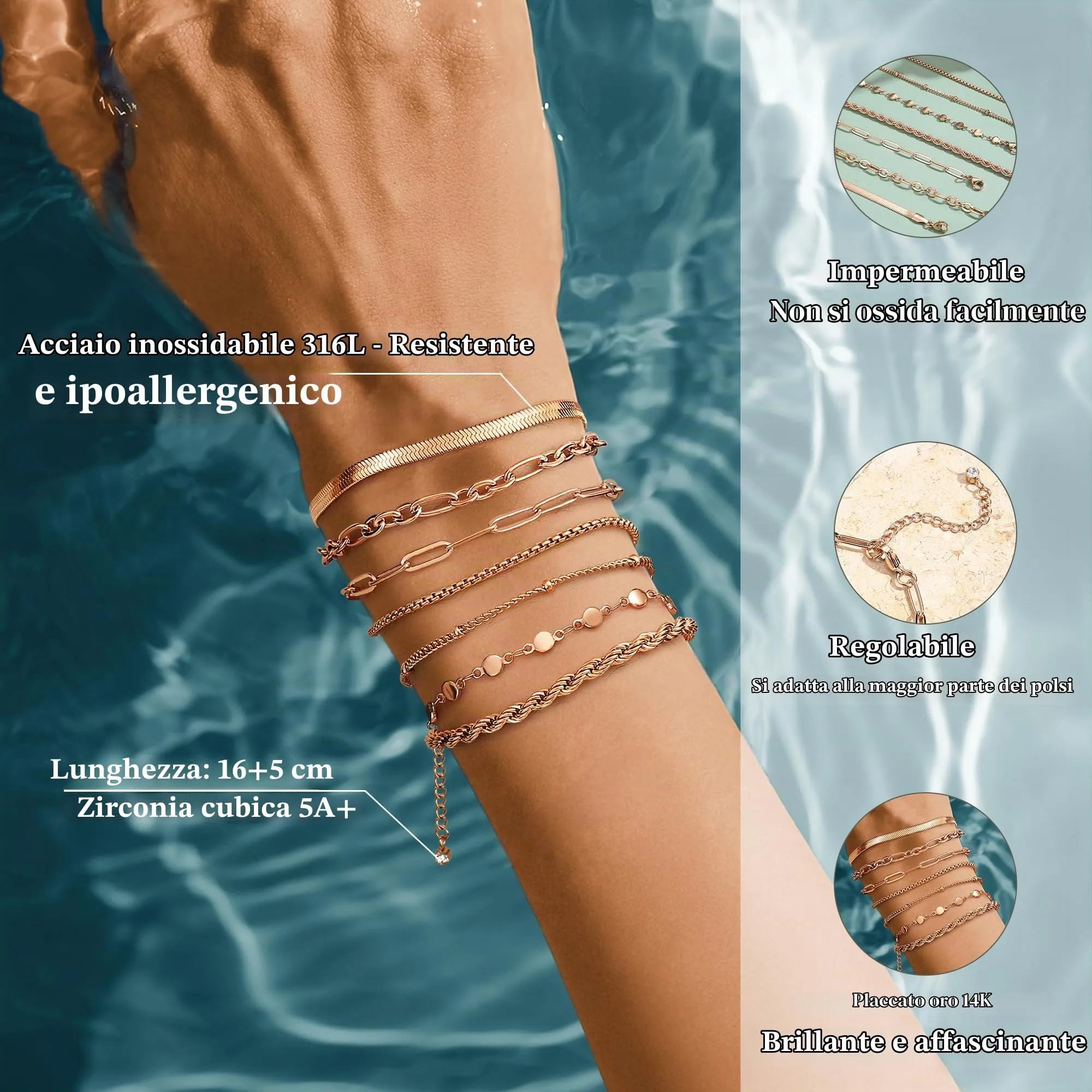 Adramata 7Pcs Bracciali Donna Acciaio Inossidabile Set Impilabili - immagine 2