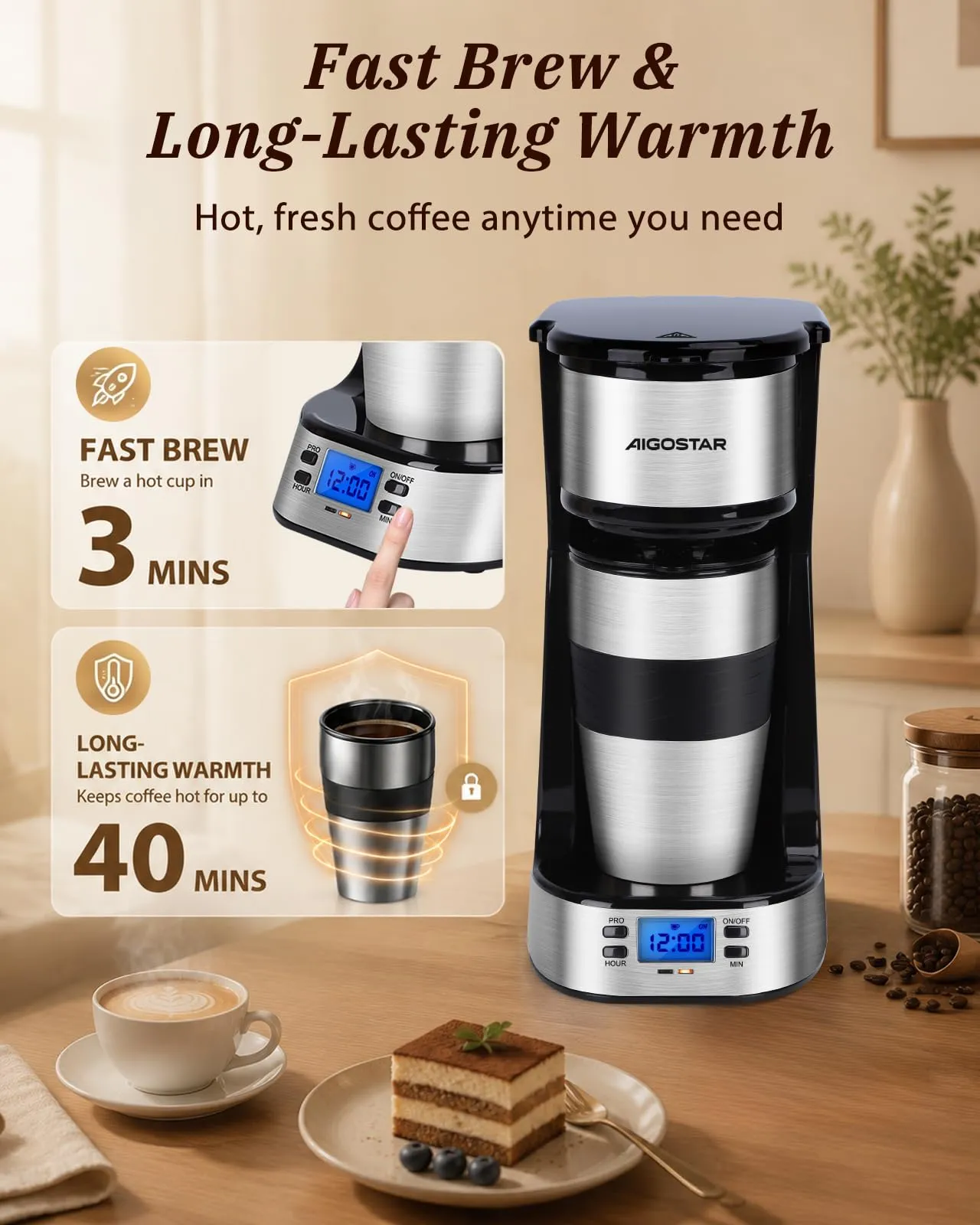 Aigostar Macchina Caffè Americano Programmabile 24H con Tazza Termica 420ml - immagine 4