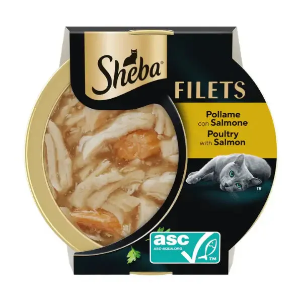 Sheba Filets in salsa 60 gr Pollo e salmone - confezione da 16 pezzi - Cibo umido per gatti - immagine 1