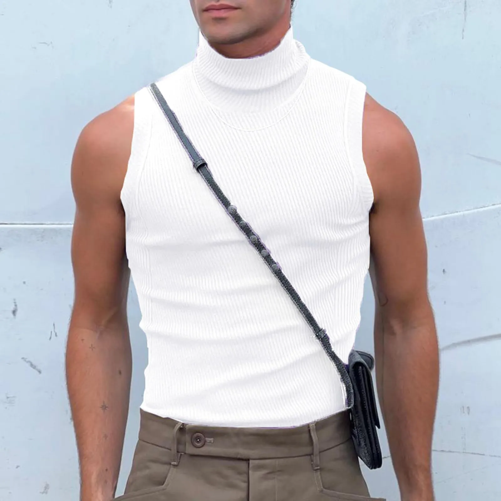 Duohropke Canottiera sportiva da uomo a collo alto, senza maniche, per palestra, sport, crop, per allenamento, bodybuilding, fitness, ascelle, estive, spiaggia, per il tempo libero, bianco, L - immagine 2