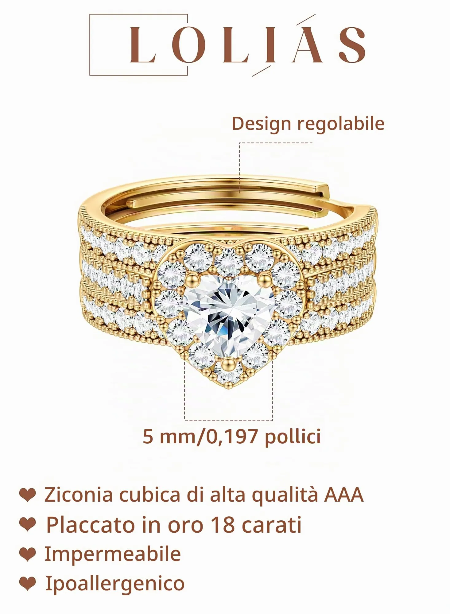 Lolias Cuore Anello Donna Placcato Oro 16 Carati Set Anelli - immagine 2