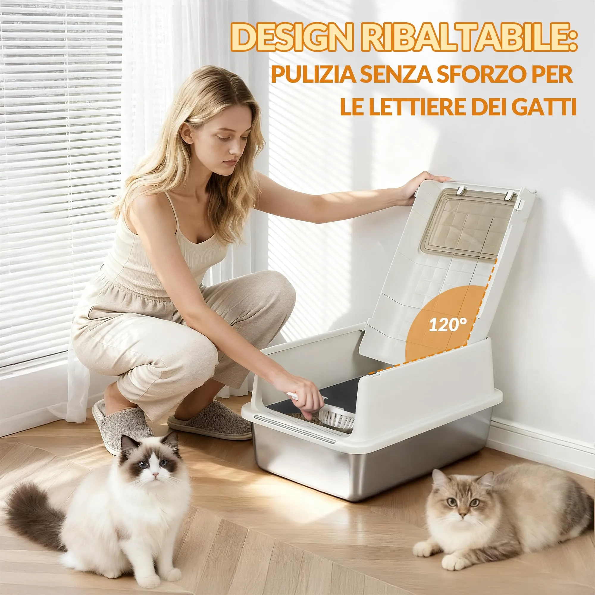 Fobyfurny Lettiera Acciaio Inox Chiusa con Coperchio XXL, Grigio Crema - immagine 2