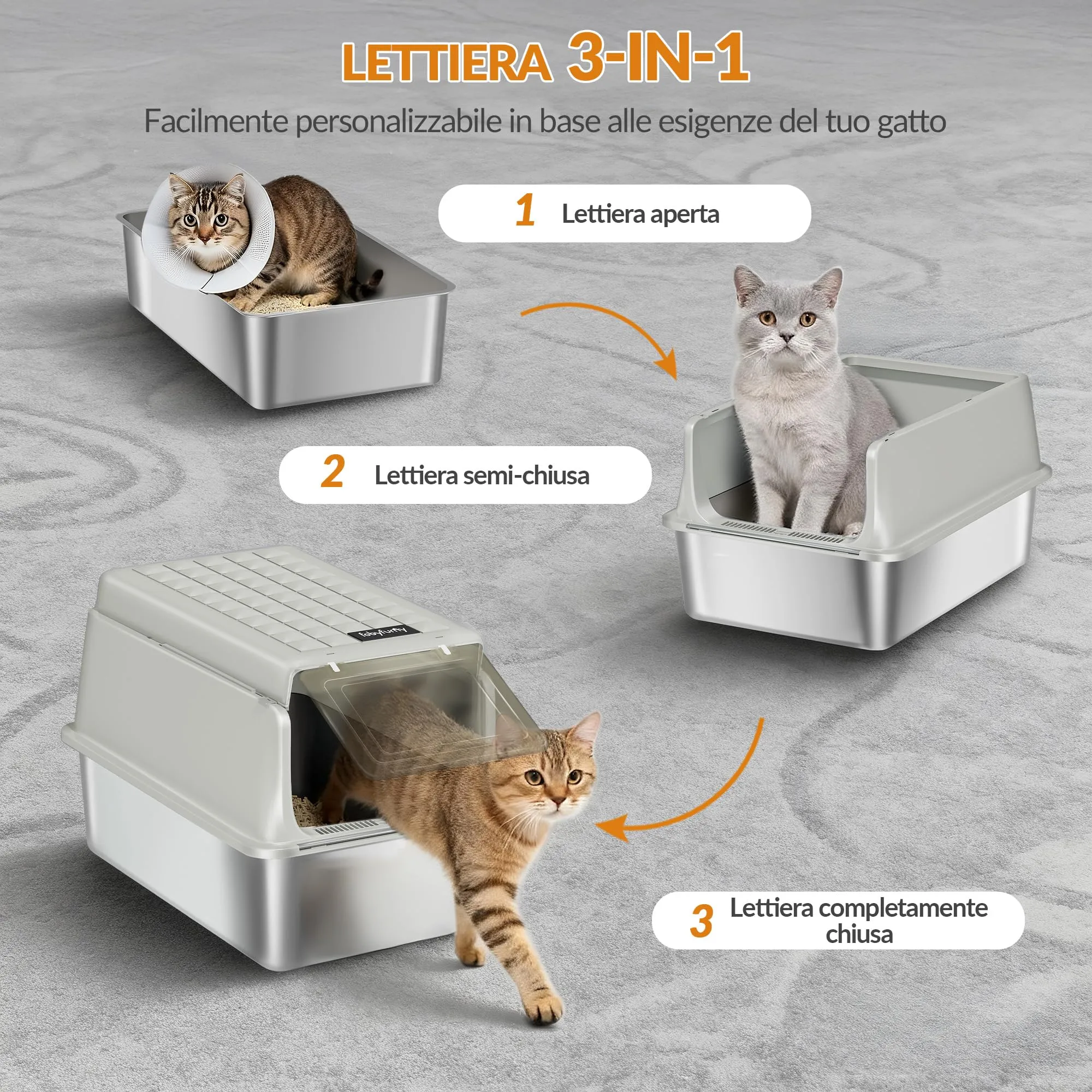 Fobyfurny Lettiera Acciaio Inox Chiusa con Coperchio XXL, Grigio Crema - immagine 4