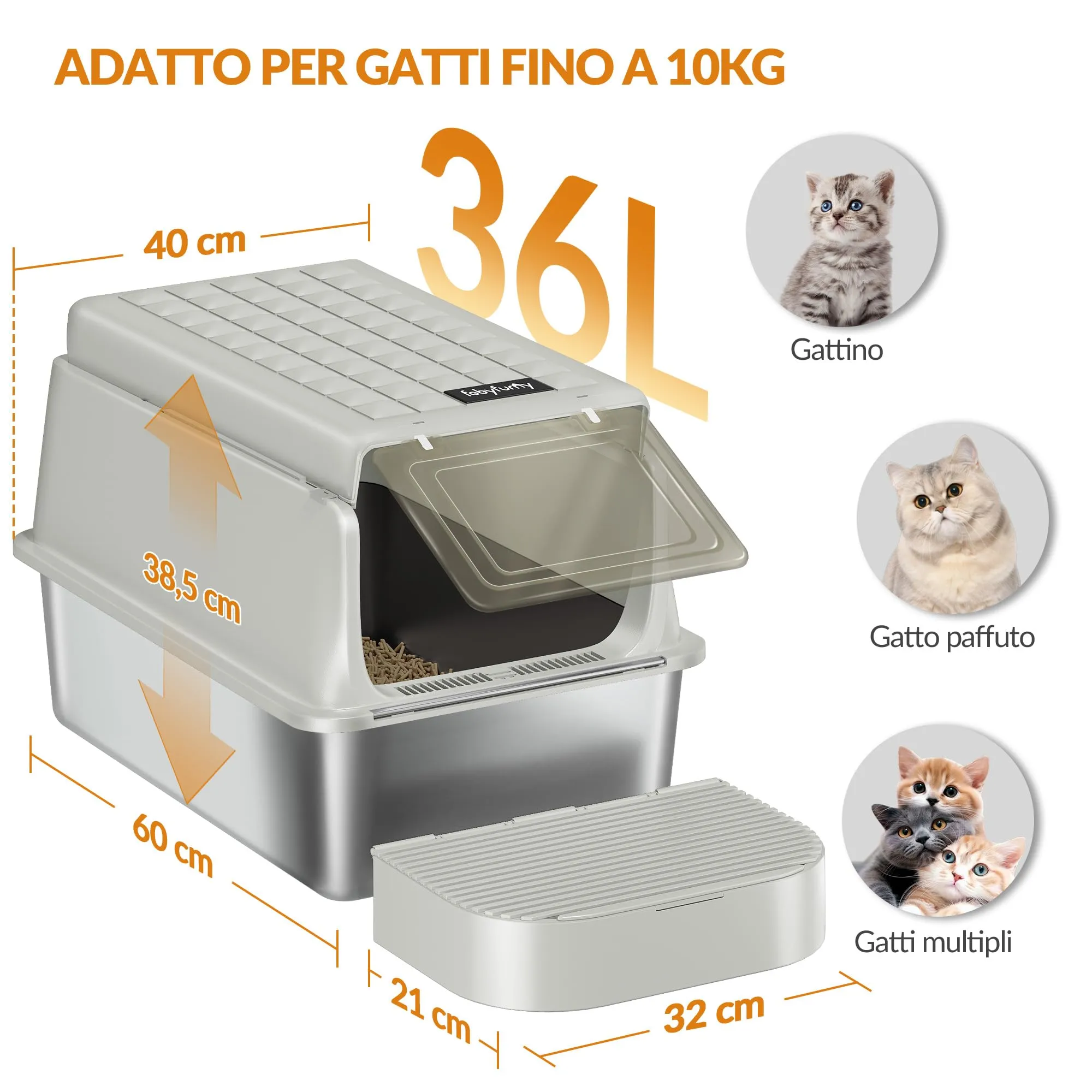 Fobyfurny Lettiera Acciaio Inox Chiusa con Coperchio XXL, Grigio Crema - immagine 5