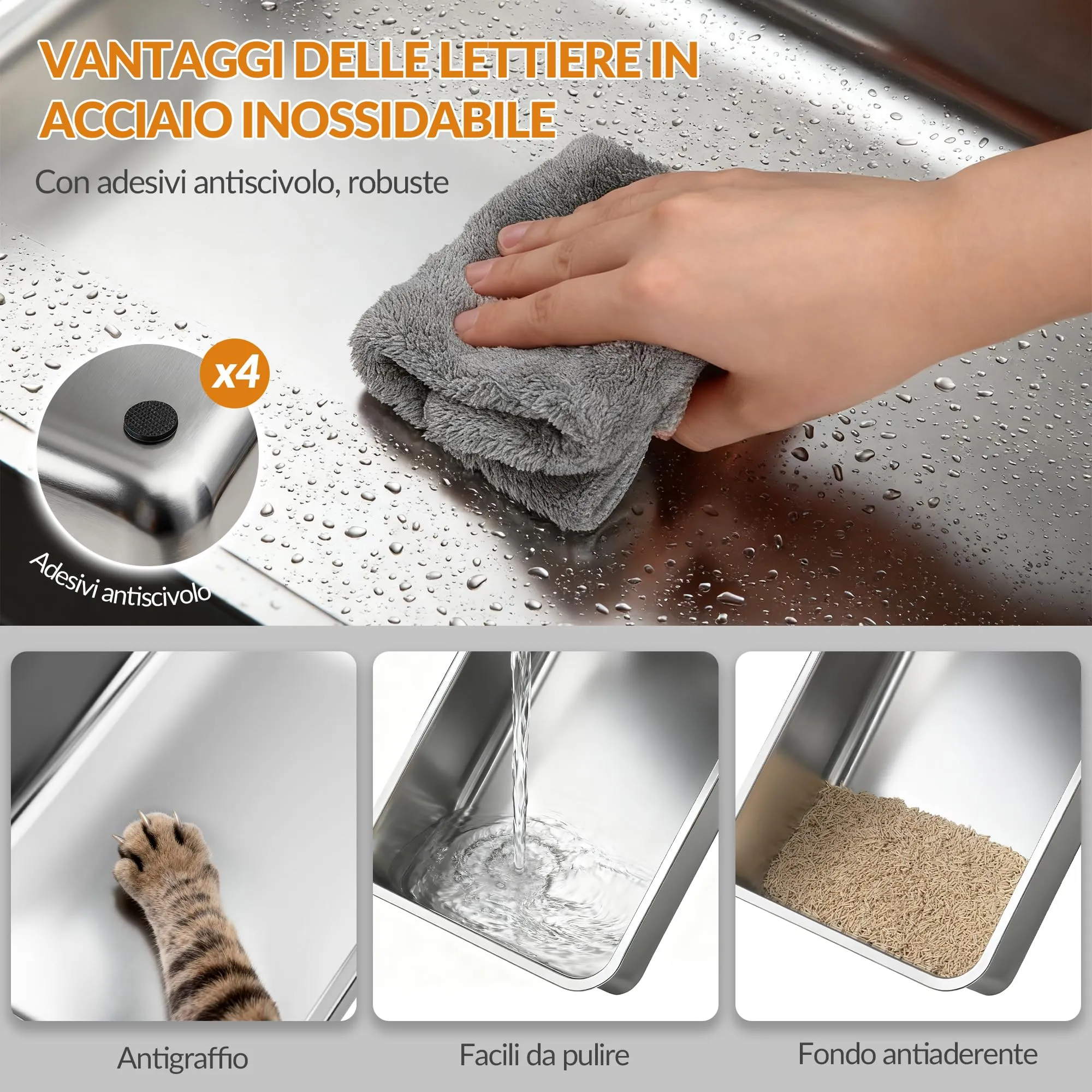 Fobyfurny Lettiera Acciaio Inox Chiusa con Coperchio XXL, Grigio Scuro - immagine 3