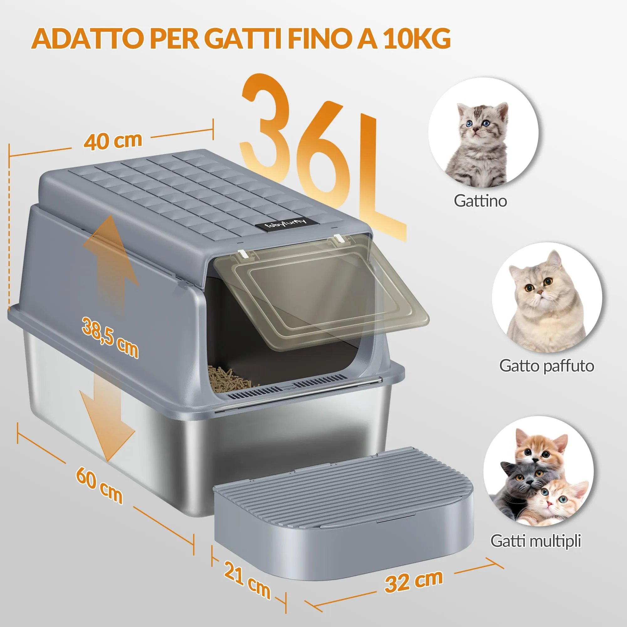 Fobyfurny Lettiera Acciaio Inox Chiusa con Coperchio XXL, Grigio Scuro - immagine 5