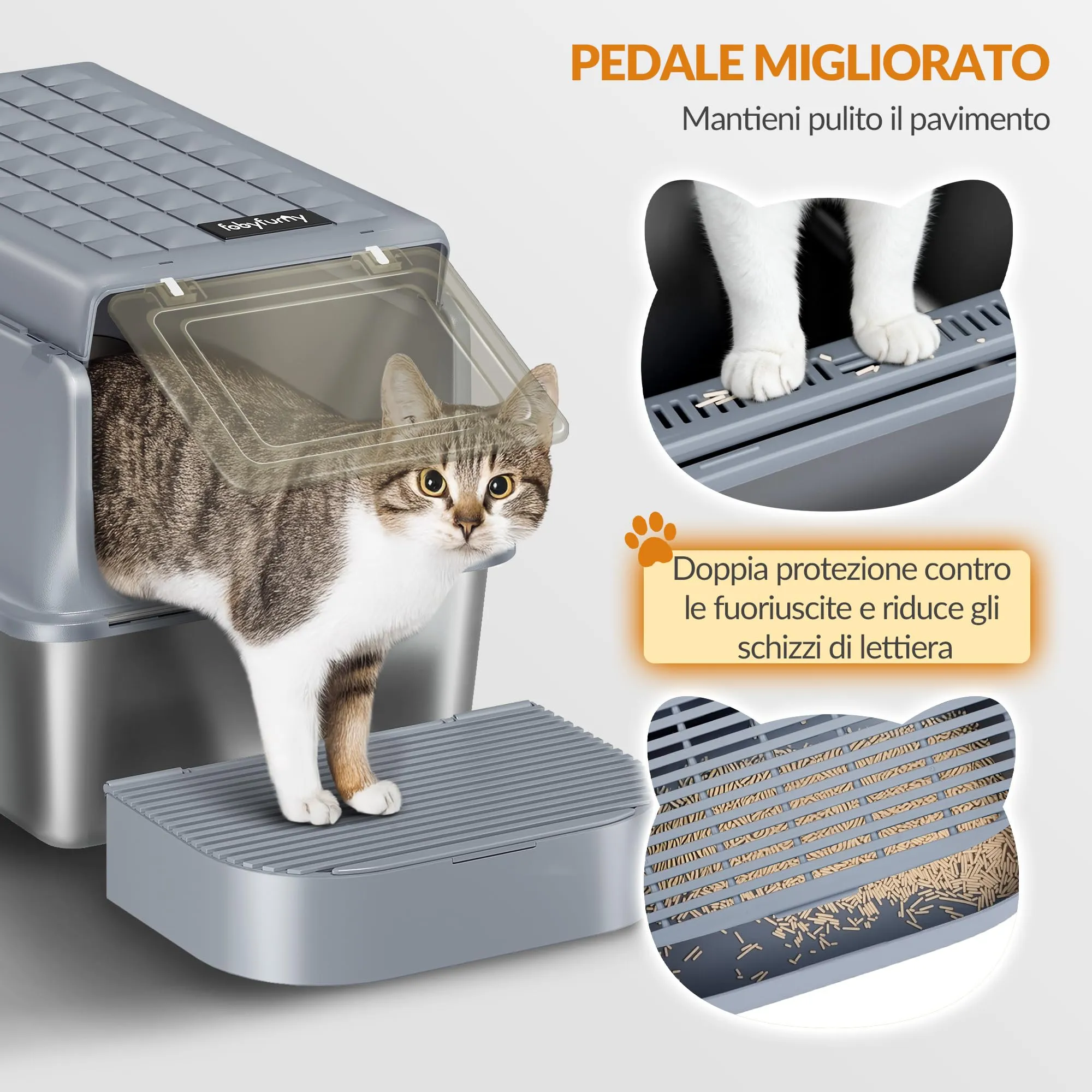 Fobyfurny Lettiera Acciaio Inox Chiusa con Coperchio XXL, Grigio Scuro - immagine 7