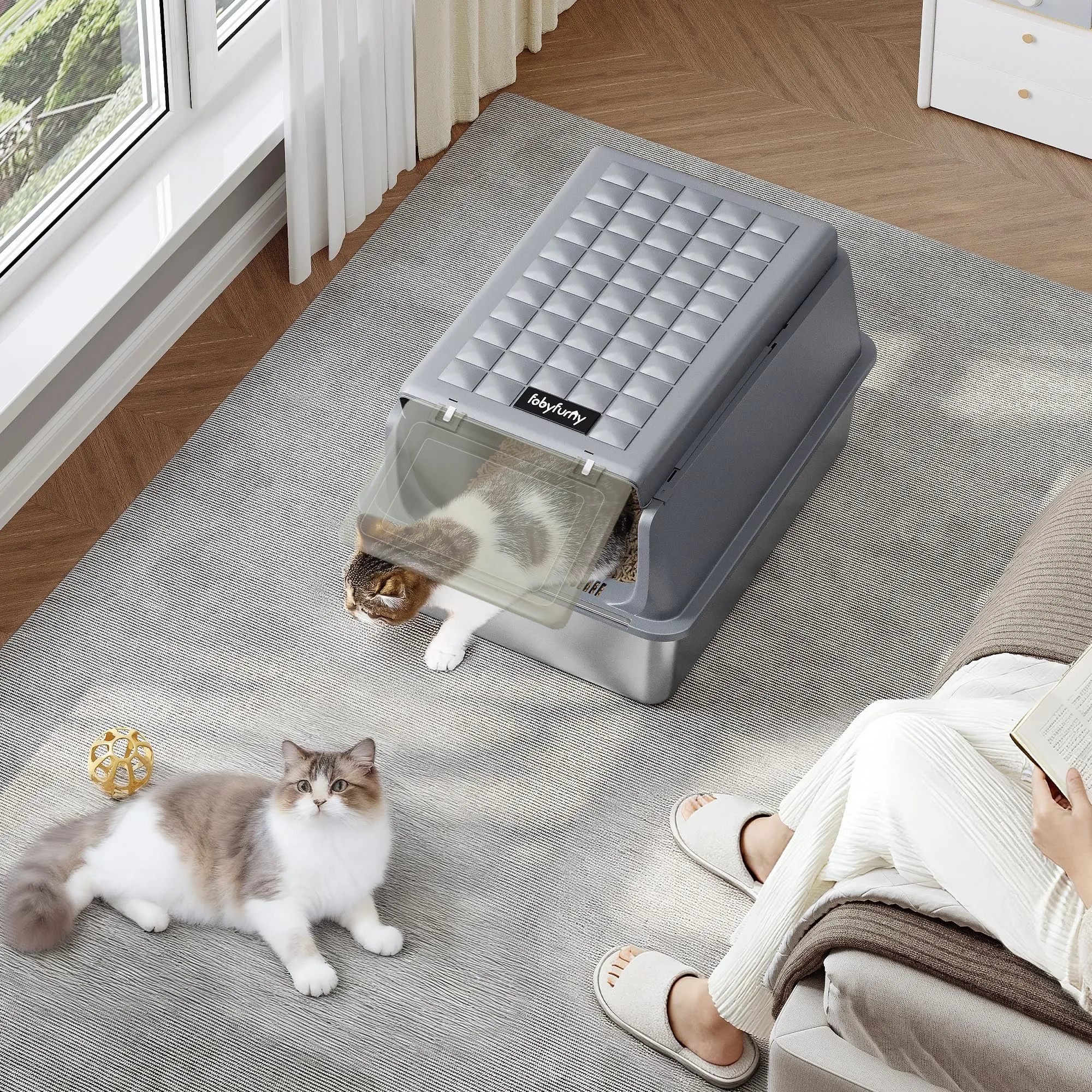 Fobyfurny Lettiera Acciaio Inox Chiusa con Coperchio XXL, Grigio Scuro - immagine 8