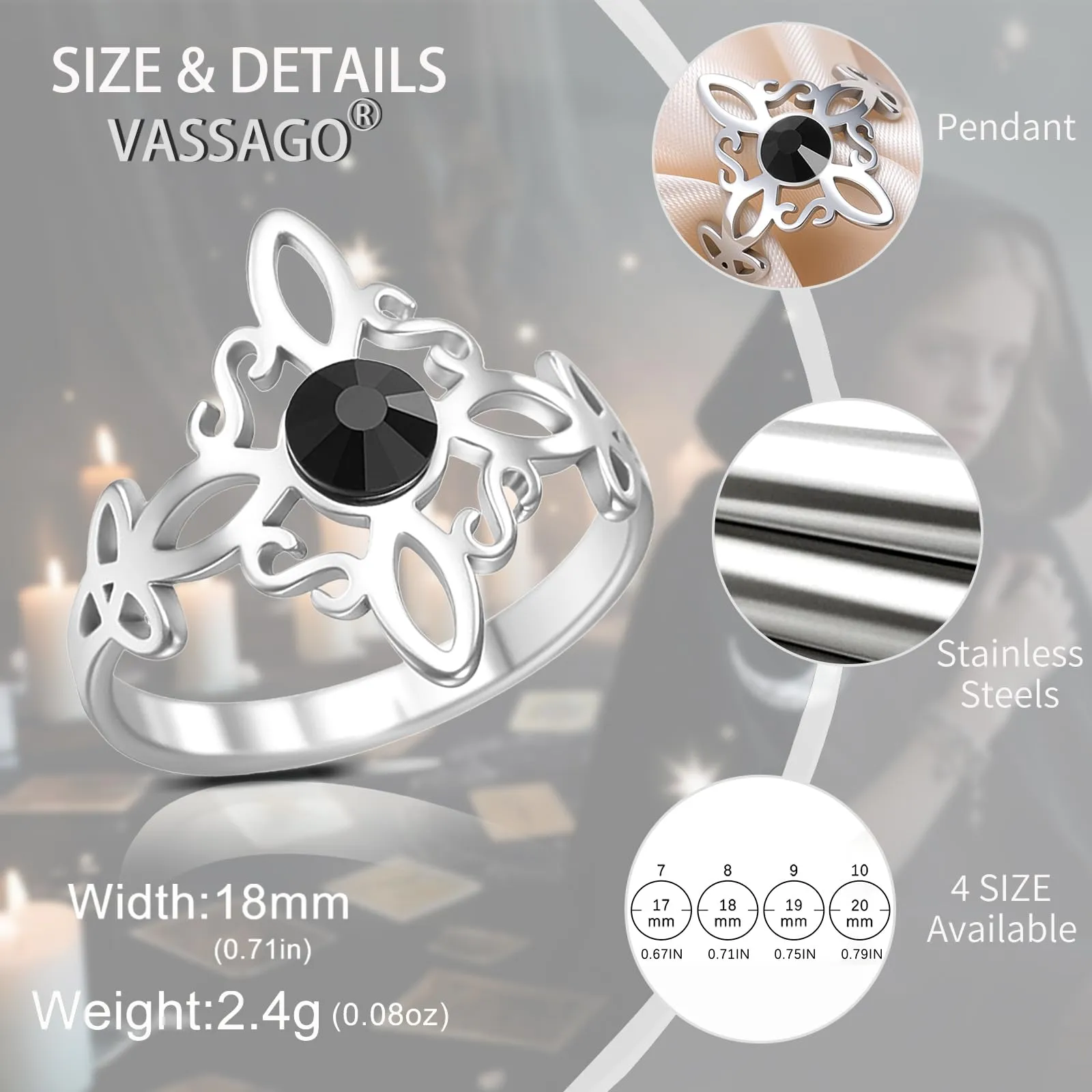 VASSAGO Anello del nodo delle streghe Anello Nodo Celtico In Acciaio Inox Amuleto di protezione della stregoneria Pagan gioielli regalo per le donne - immagine 3
