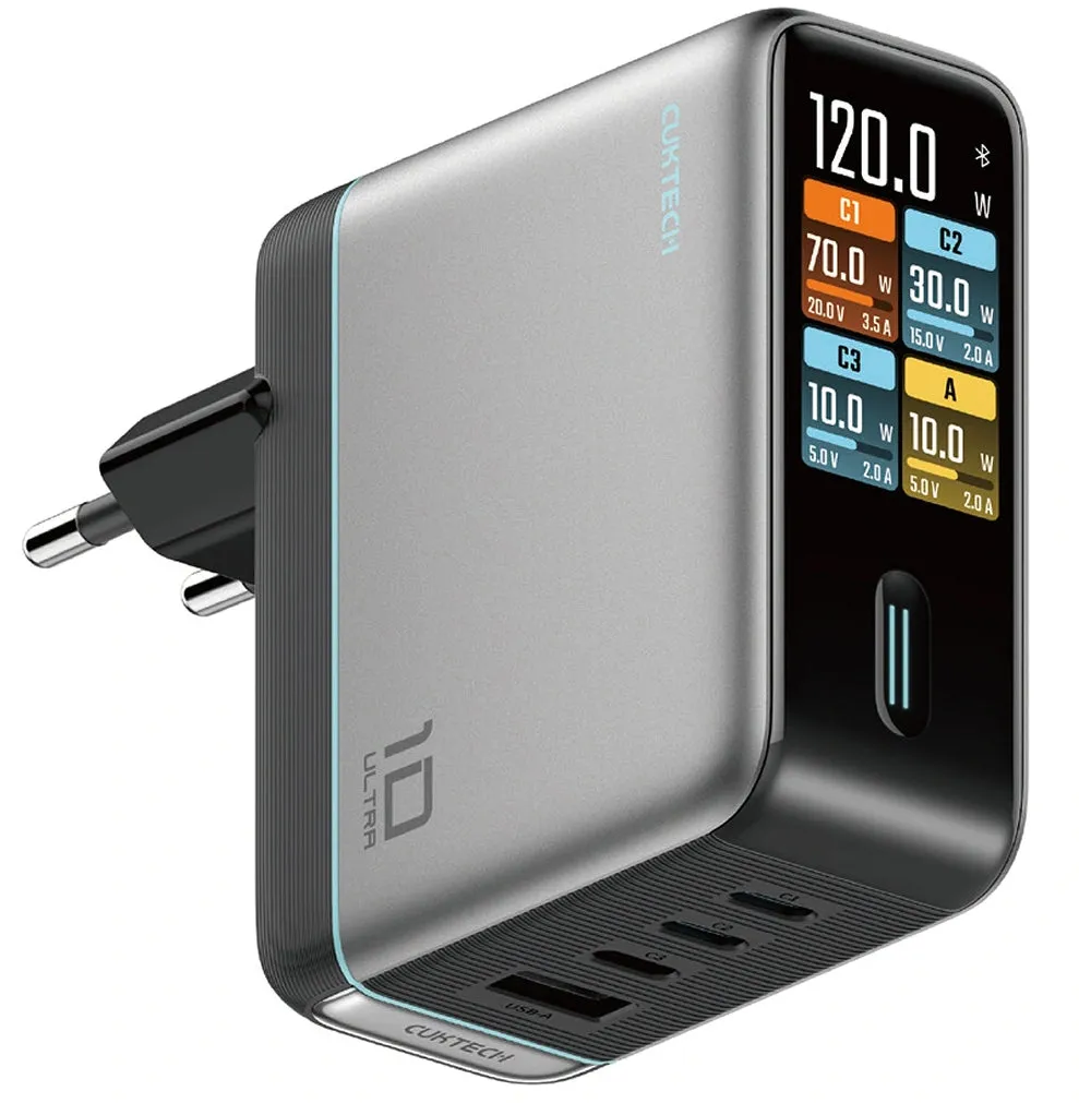 Caricatore da Rete con Cavo USB-C Cuktech AD1204U Display, 120W, 6A, 1 x USB-A - 2 x USB-C, Argento CAD1204UEUGR - immagine 1