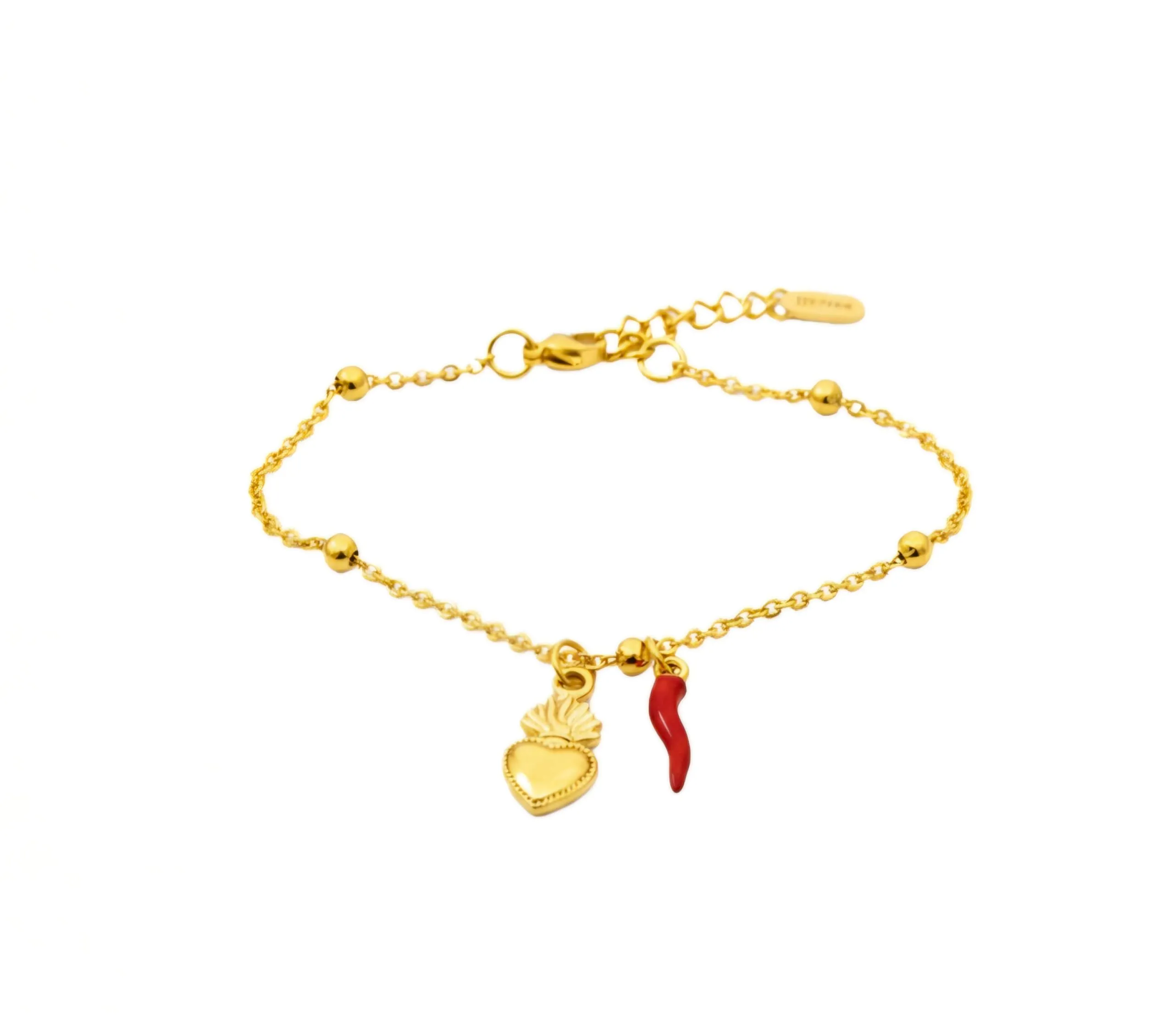 Bracciale donna acciaio con charm e corno portafortuna (cuore oro) - immagine 1