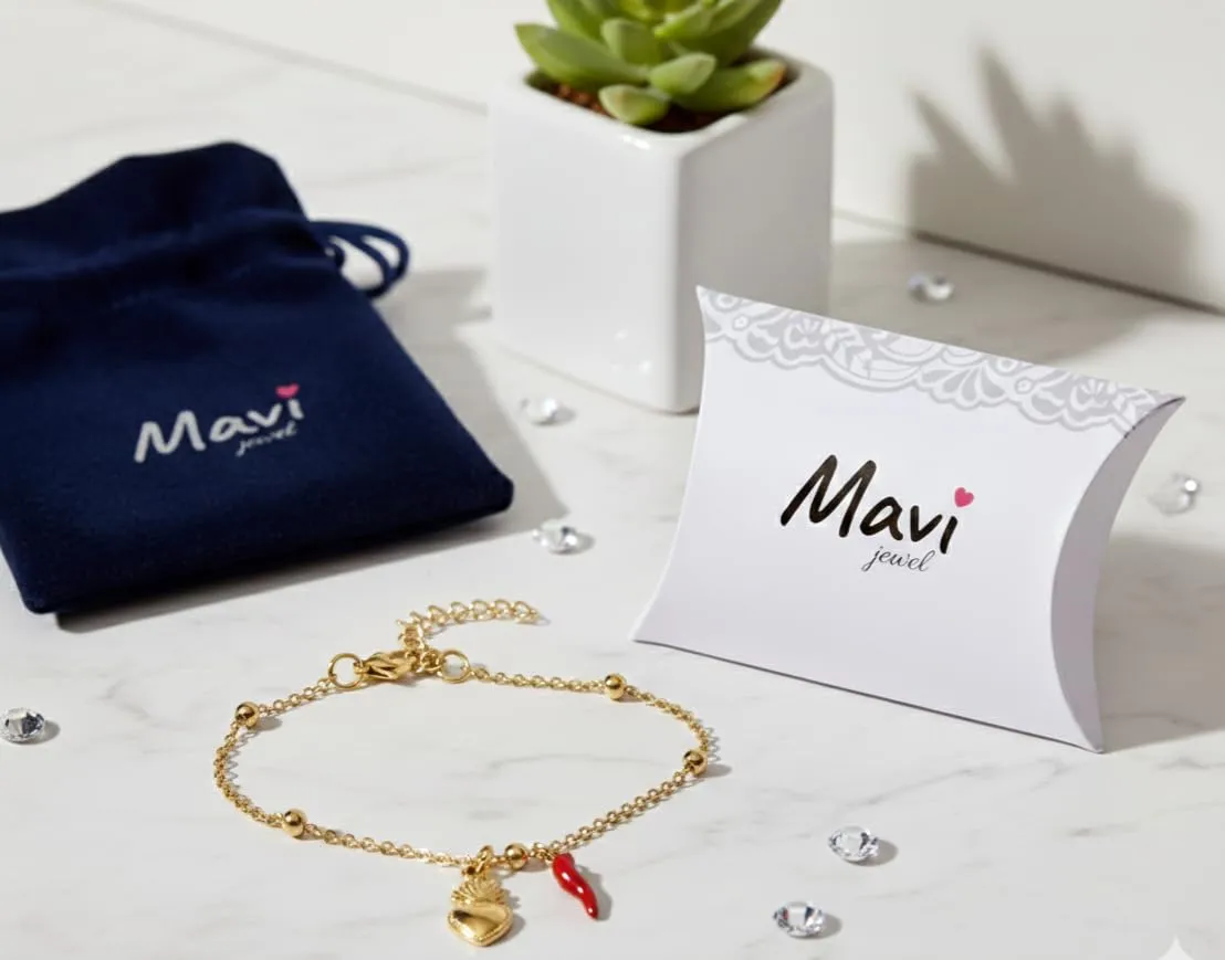 Bracciale donna acciaio con charm e corno portafortuna (cuore oro) - immagine 3
