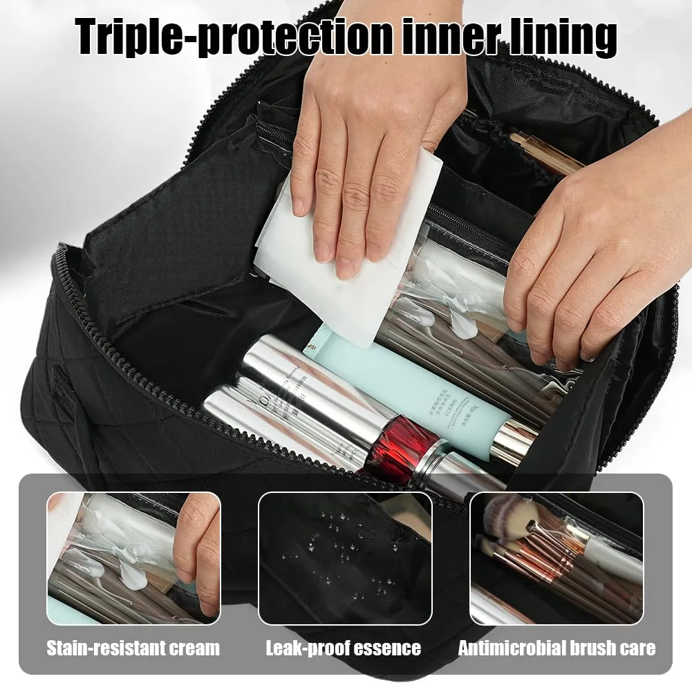 URAQT Borsa da Toilette, Beauty Case Grande da Viaggio, Portatile Borsa da Trucco, Beauty Case da Viaggio Cotone Morbido, Imbottitura ispessita, con maniglia e 1 Mini borsa, Perfetto per Viaggios,Nero - immagine 3
