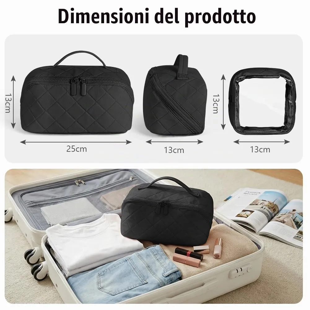 URAQT Borsa da Toilette, Beauty Case Grande da Viaggio, Portatile Borsa da Trucco, Beauty Case da Viaggio Cotone Morbido, Imbottitura ispessita, con maniglia e 1 Mini borsa, Perfetto per Viaggios,Nero - immagine 4