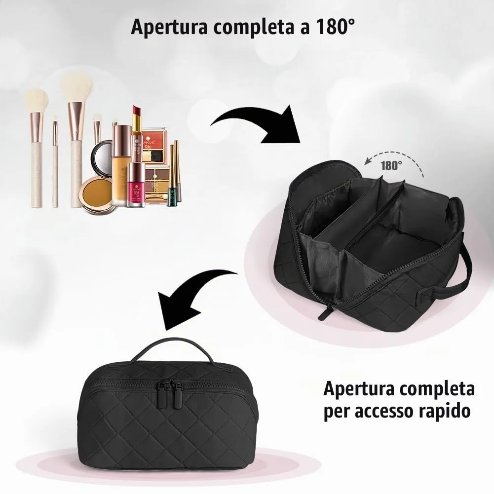 URAQT Borsa da Toilette, Beauty Case Grande da Viaggio, Portatile Borsa da Trucco, Beauty Case da Viaggio Cotone Morbido, Imbottitura ispessita, con maniglia e 1 Mini borsa, Perfetto per Viaggios,Nero - immagine 5