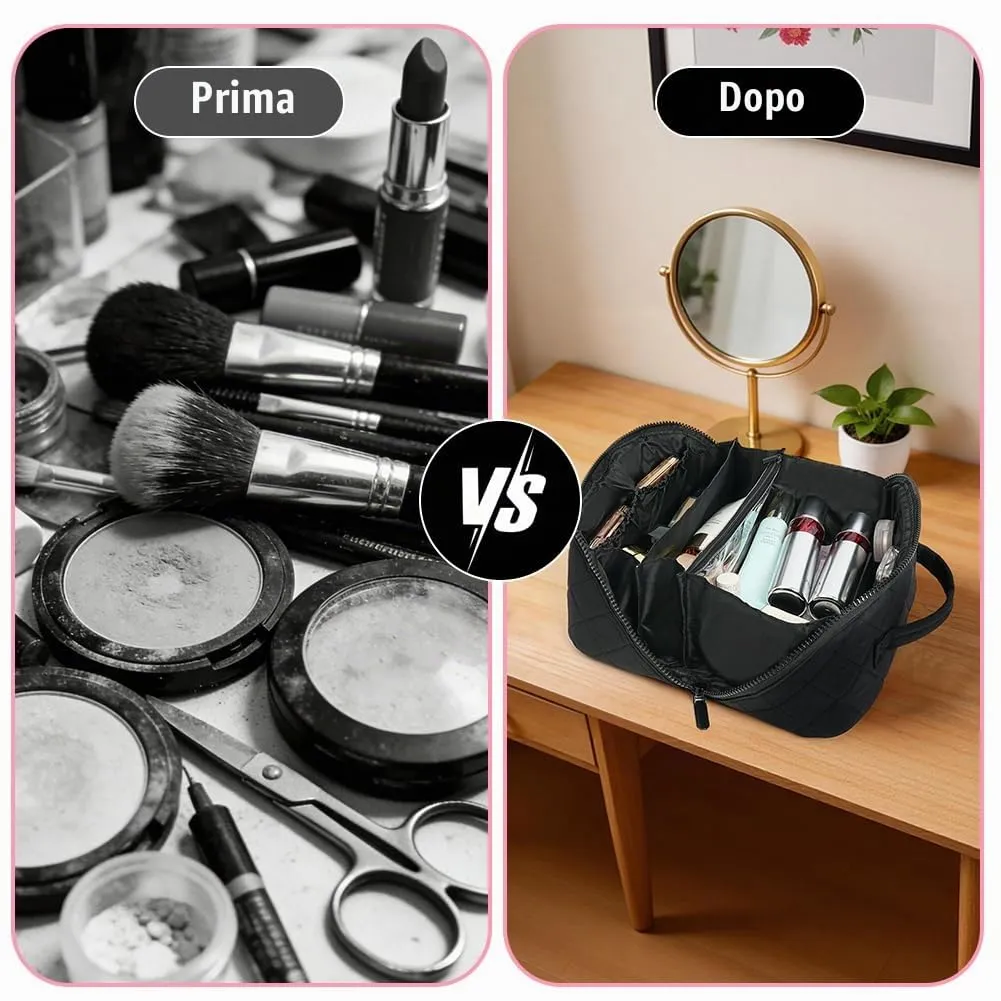 URAQT Borsa da Toilette, Beauty Case Grande da Viaggio, Portatile Borsa da Trucco, Beauty Case da Viaggio Cotone Morbido, Imbottitura ispessita, con maniglia e 1 Mini borsa, Perfetto per Viaggios,Nero - immagine 6