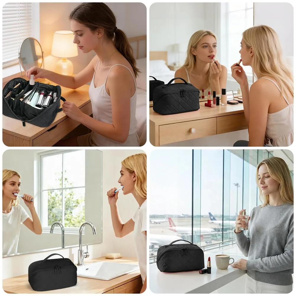 URAQT Borsa da Toilette, Beauty Case Grande da Viaggio, Portatile Borsa da Trucco, Beauty Case da Viaggio Cotone Morbido, Imbottitura ispessita, con maniglia e 1 Mini borsa, Perfetto per Viaggios,Nero - immagine 8