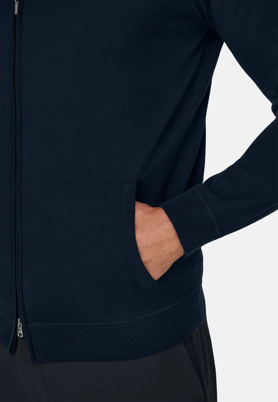 Boggi, Maglia Full Zip Con Cappuccio In Lana Merino, Uomo, Navy, Taglia: L - immagine 3