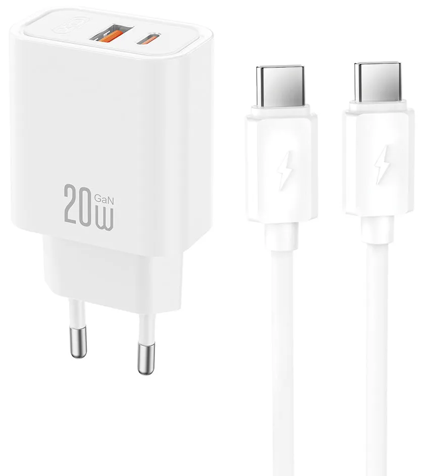 Caricatore da rete con cavo USB-C XO Design CE40, 20W, 3A, 1 x USB-A - 1 x USB-C, Bianco - immagine 1