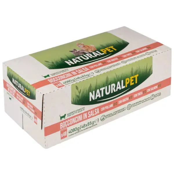 NaturalPet Cat Adult Bocconcini in salsa multipack 48x85 gr 12x Pollame 12x Anatra 12x Tonno 12x Salmone - immagine 1