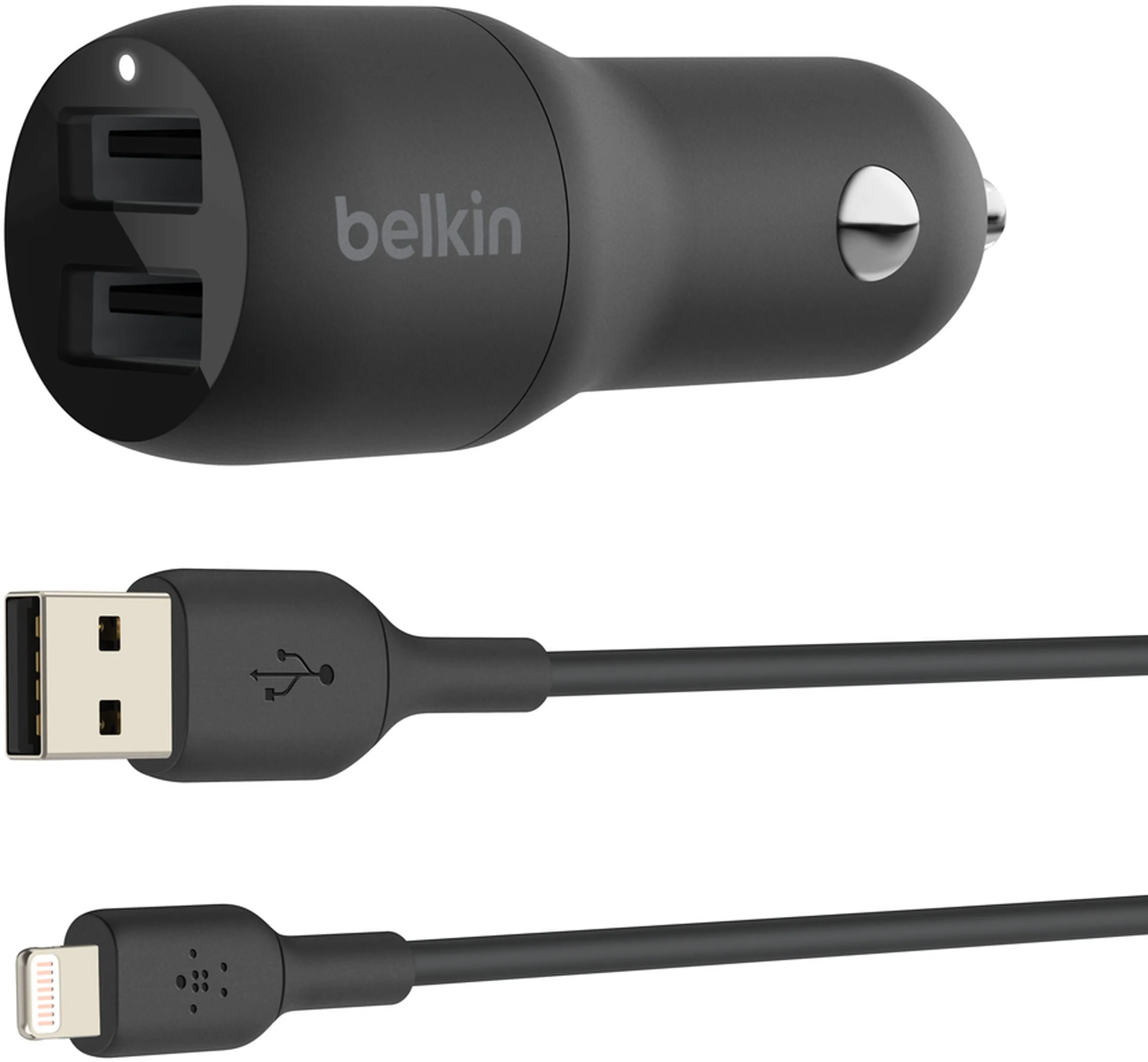 Caricatore Auto Con Cavo Lightning Belkin BoostCharge Dual, 24W, 2.4A, 2 x USB-A, Nero CCD001bt1MBK - immagine 1
