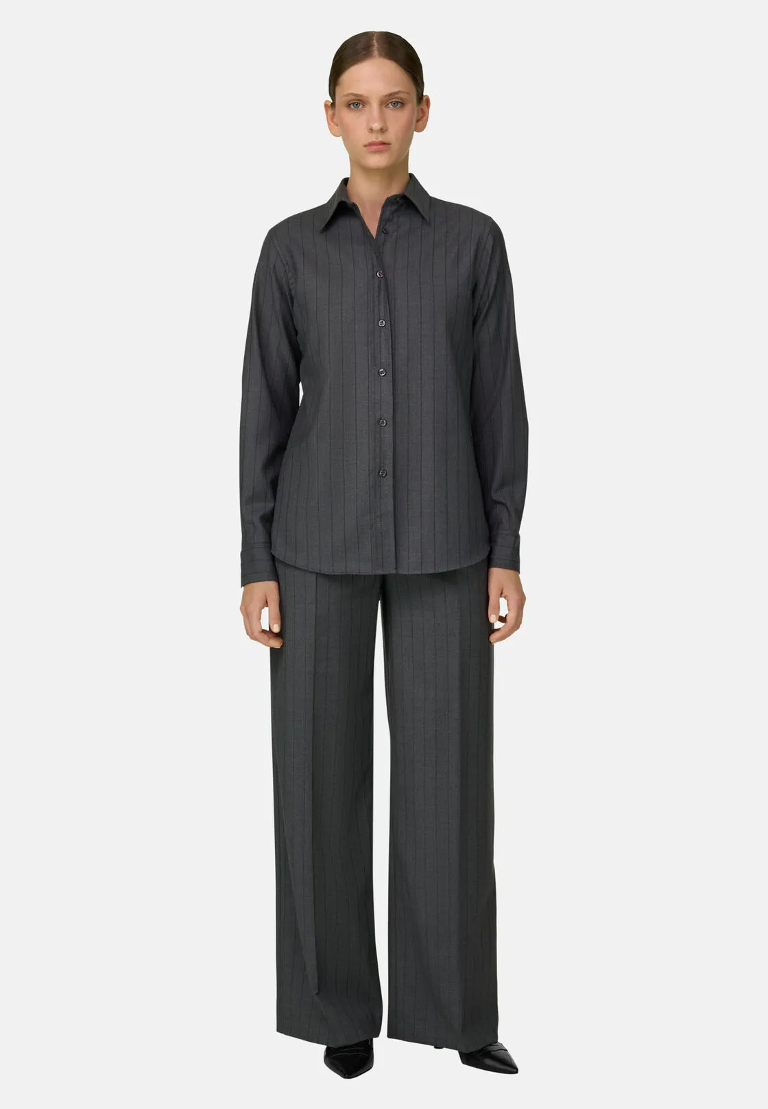 Boggi, Camicia Gessata Lana Con Collo Aperto, Donna, Grigio, Taglia: L - immagine 2