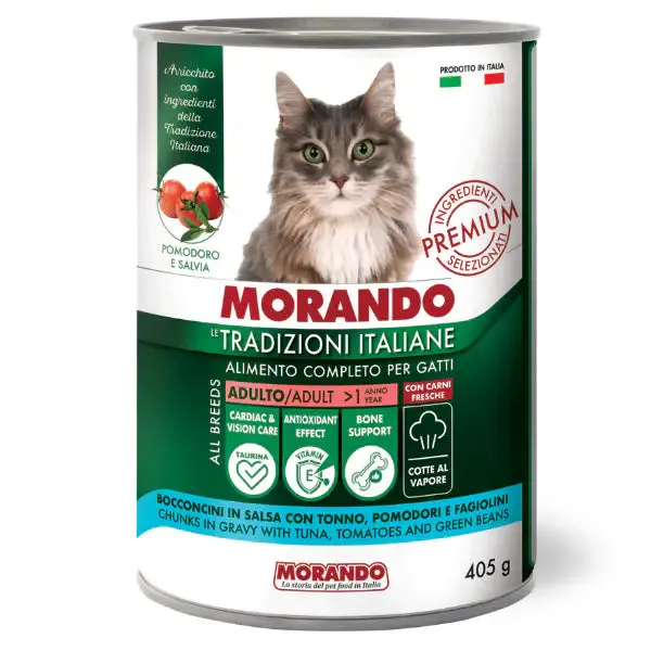 Morando Tradizioni Italiane Cat Adult Bocconcini in salsa 405 gr Tonno pomodori e fagiolini - confezione da 24 pezzi - Cibo umido per gatti - immagine 1