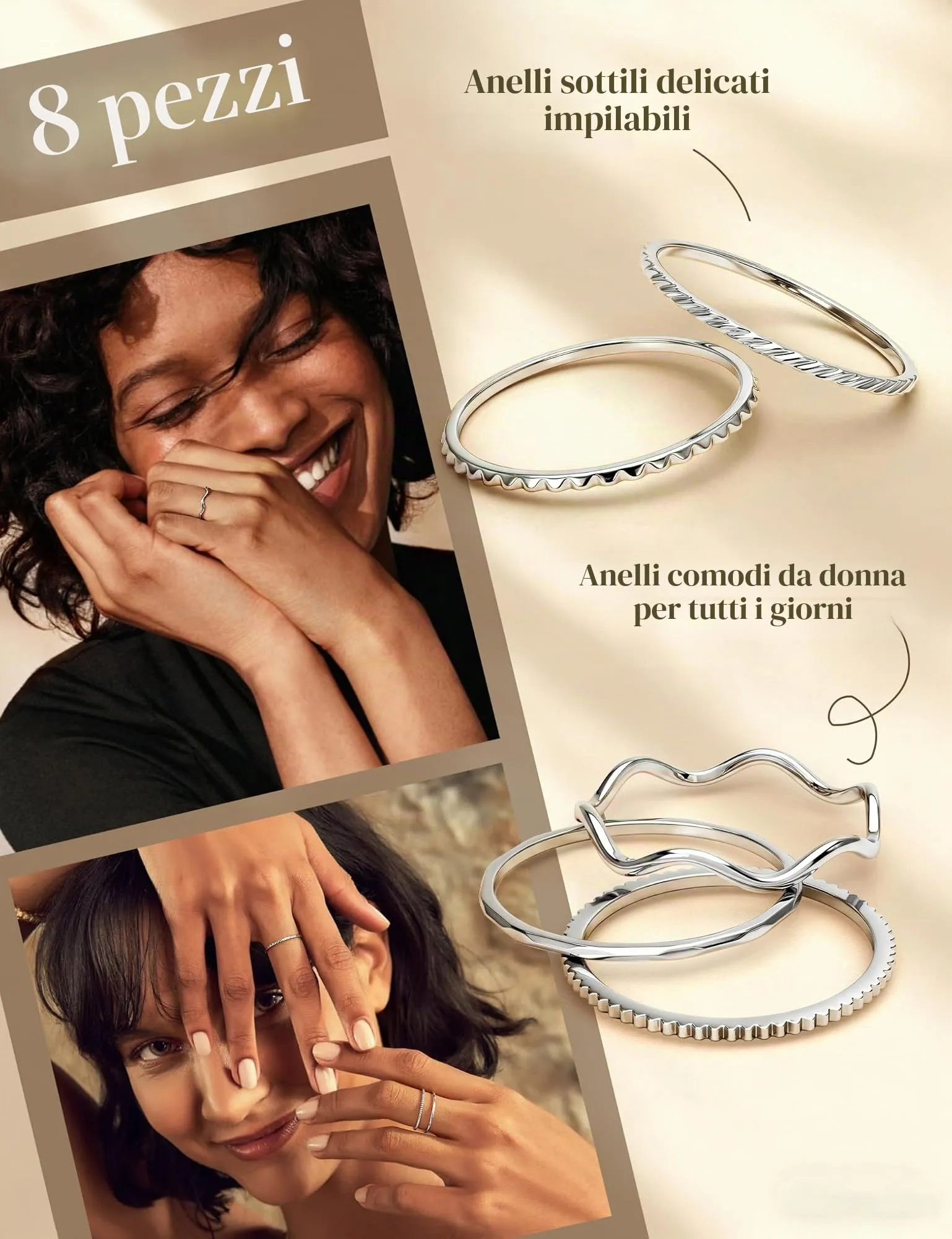 Diamday 8 Pezzi Anelli Donna acciaio inossidabile 1MM Impermeabile - immagine 2