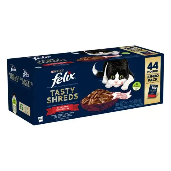 Purina Felix Sfilaccetti Rustici Mixed Selection Multipack 44x80 gr 11x Manzo 11x Pollo 11x Anatra 11x Tacchino - immagine 1