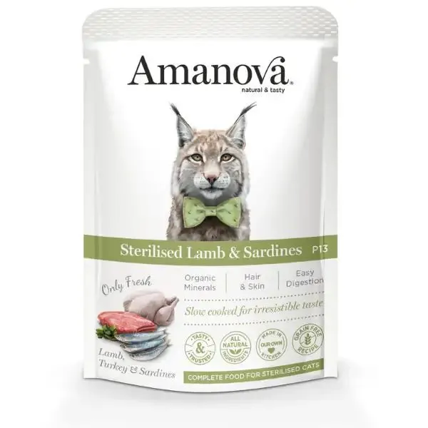 Amanova Cat Umido Sterilised Grain Free 85 gr Agnello e Sardine - confezione da 12 pezzi - Cibo umido per gatti - immagine 1