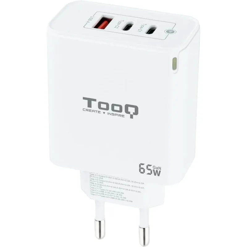 TooQ TQWC-GANQC2PD65WT Caricatore da muro 2xUSB-C/USB 2.0 65W Bianco - immagine 1