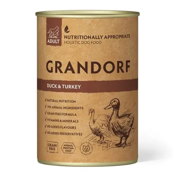 Grandorf Dog Adult All Breeds 400 gr Anatra e tacchino - confezione da 6 pezzi - Cibo umido per cani - immagine 1