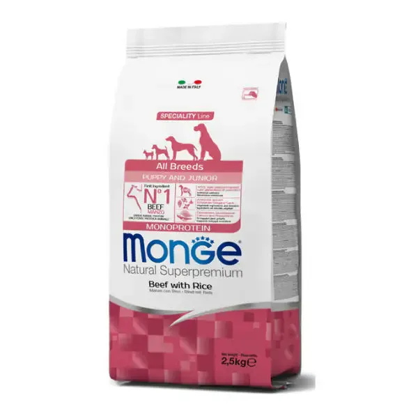 Monge Natural Superpremium All Breeds Puppy & Junior Monoprotein Manzo con Riso 12 kg - Crocchette monoproteiche cane - immagine 1