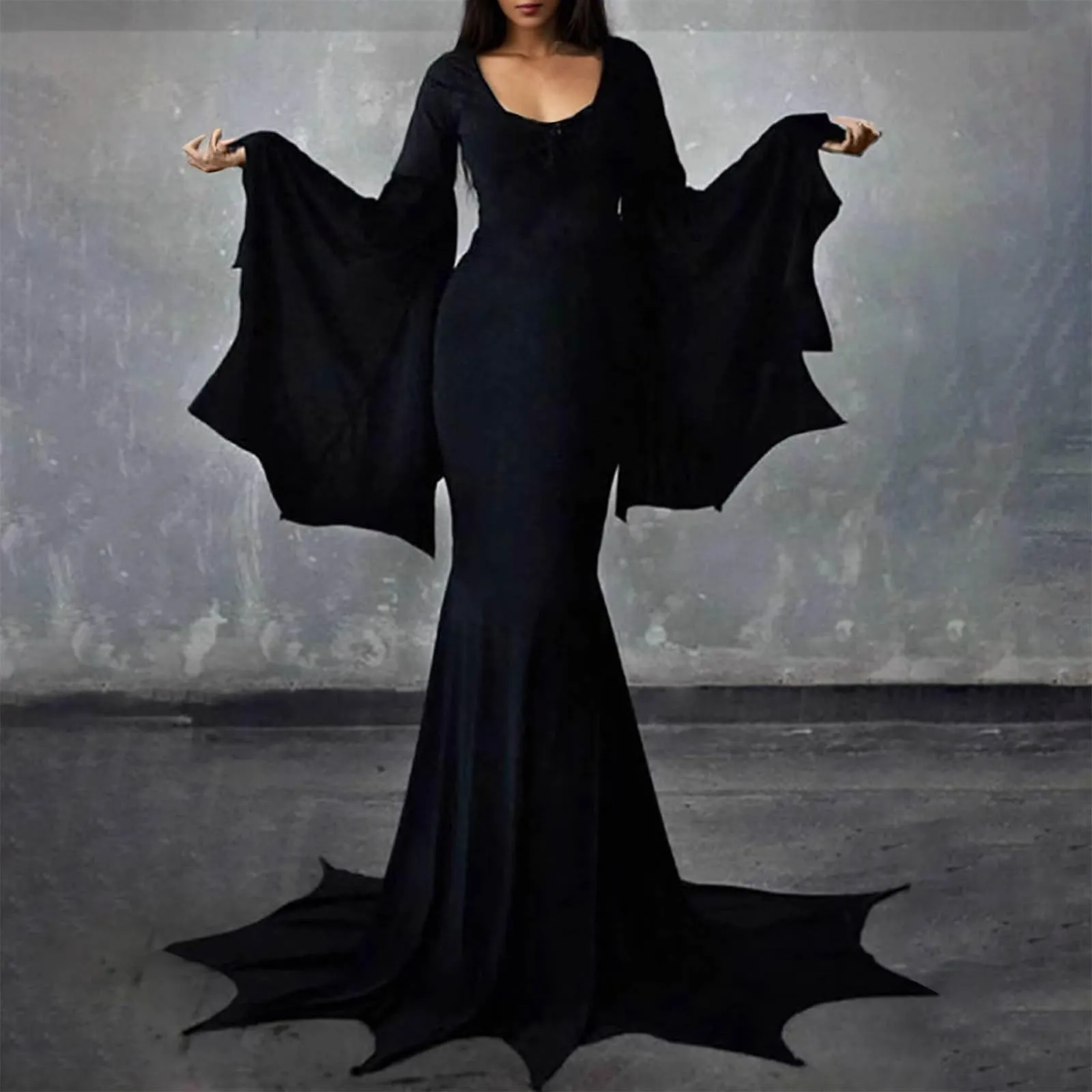 Generisch Vestito per Halloween, vestito gotico, pipipistrello, abito lungo il pavimento, Morticia Addams, costume da vampiro, alla moda, comodo, da pavimento, taglie forti, per il tempo libero, da - immagine 2