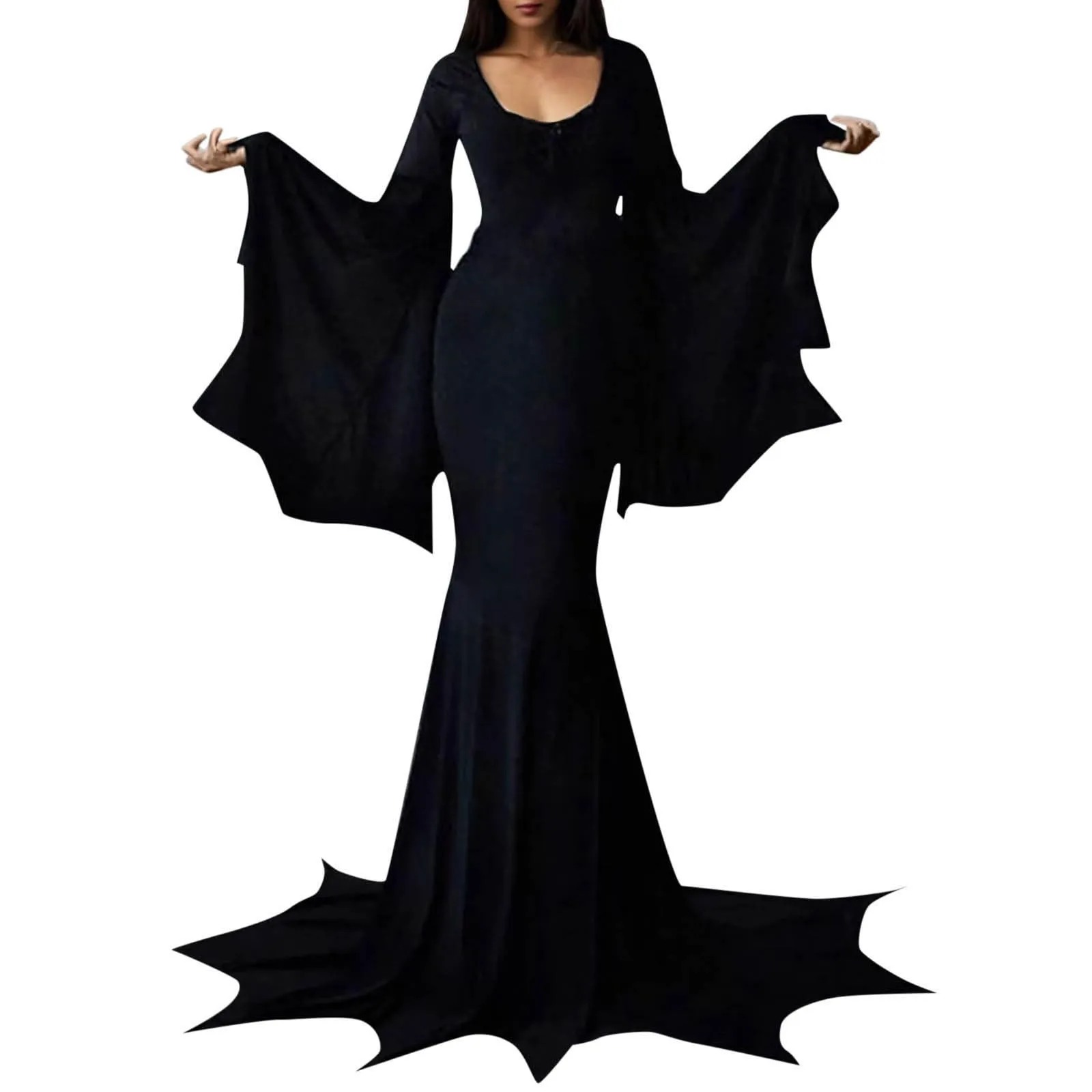 Generisch Vestito per Halloween, vestito gotico, pipipistrello, abito lungo il pavimento, Morticia Addams, costume da vampiro, alla moda, comodo, da pavimento, taglie forti, per il tempo libero, da - immagine 4
