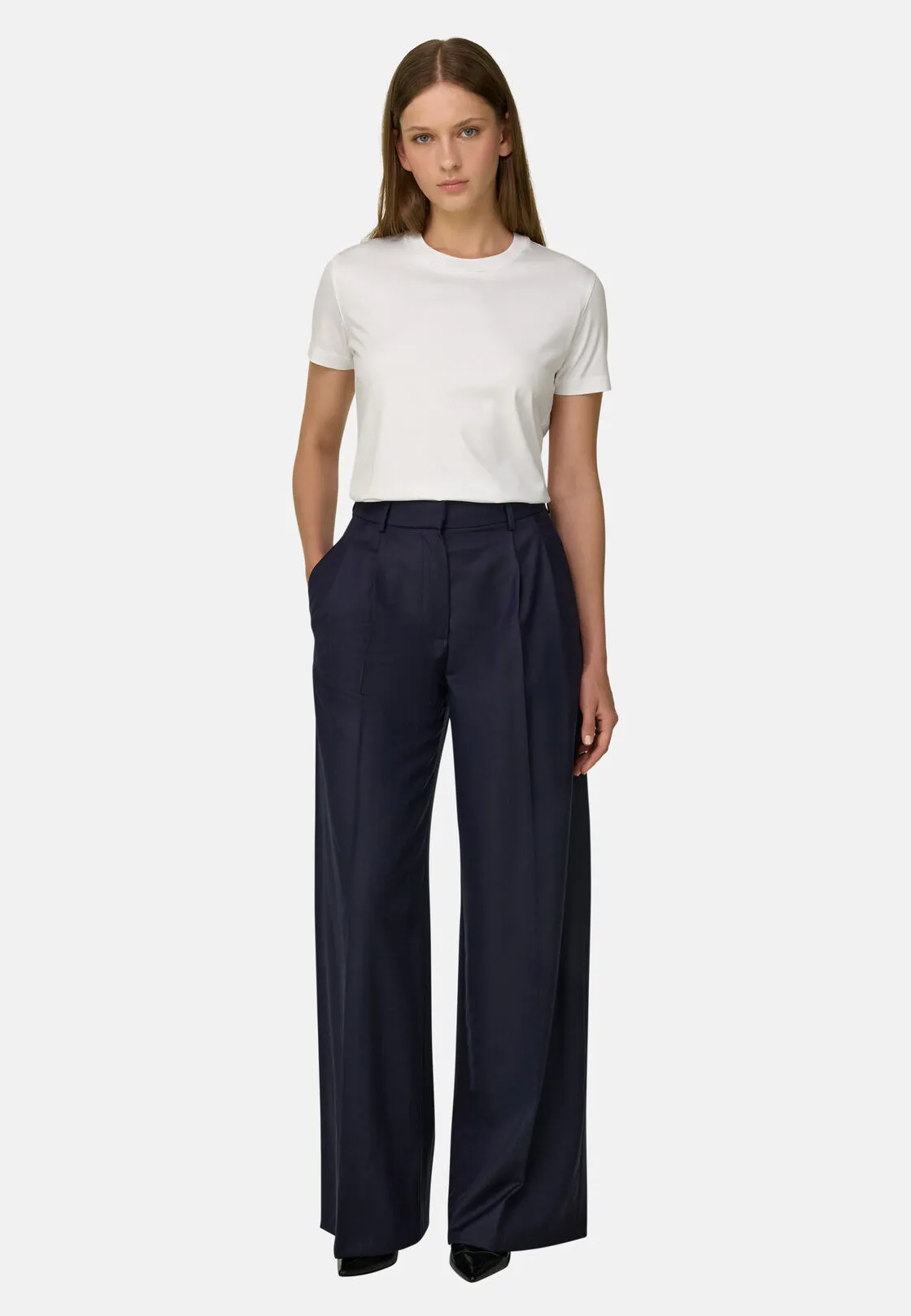Boggi, Pantalone Di Lana Gessato Doppia Pince, Donna, Navy, Taglia: L - immagine 2