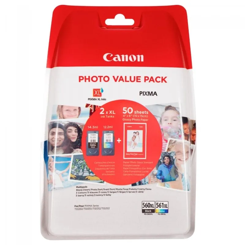 Canon Confezione multipla con cartucce di inchiostro nero PG-560XL e a colori CL-561XL + carta fotografica - immagine 1